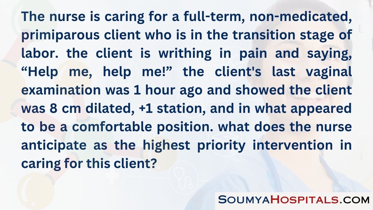 The nurse is caring for a full-term, non-medicated, primiparous client who is in the transition stage of labor.