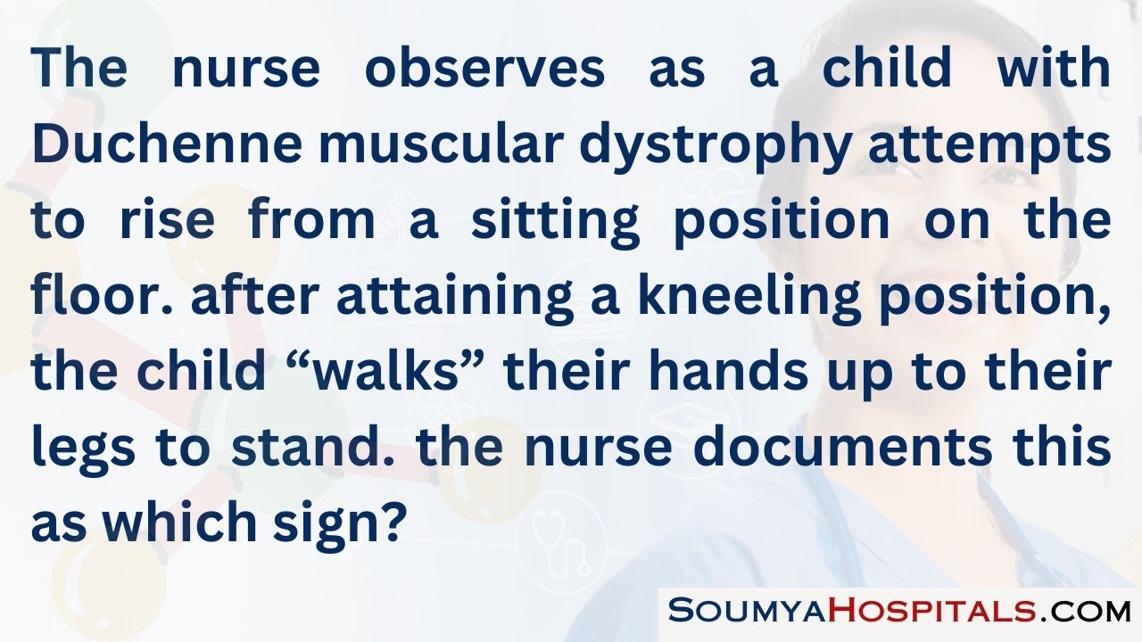 The nurse observes as a child with duchenne muscular dystrophy attempts to rise from a sitting position on the floor