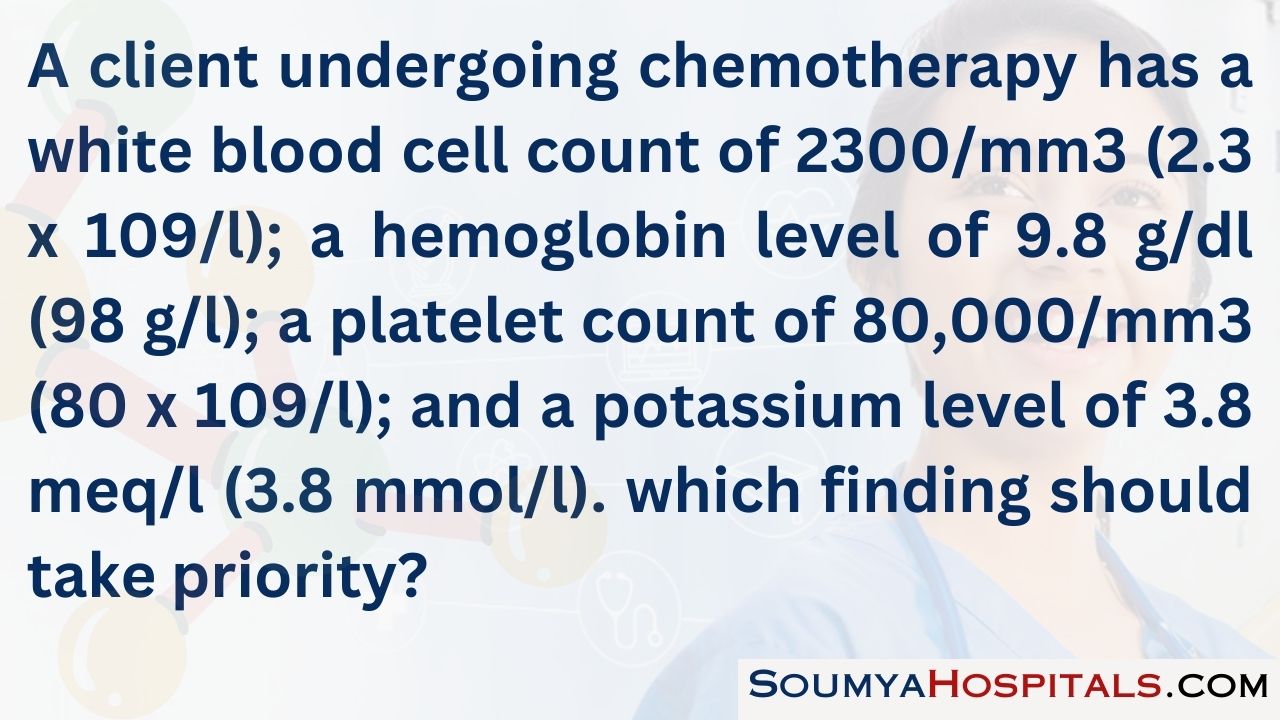 A client undergoing chemotherapy has a white blood cell count of