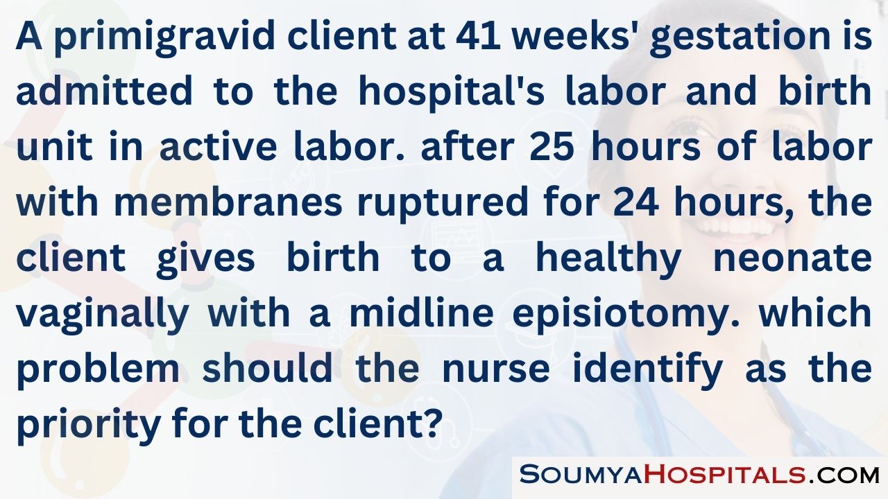 A primigravid client at 41 weeks' gestation is admitted to the hospital's labor and birth unit in active labor